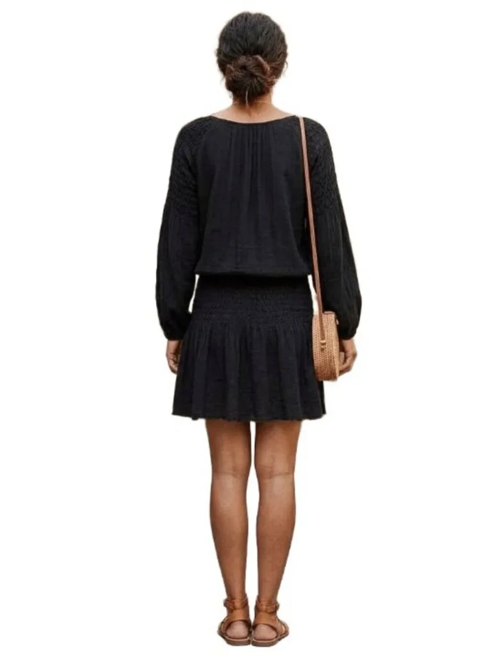Free People Moonlight Drive Smocked Mini Dress Gauze Boho Long Sleeves Black XS